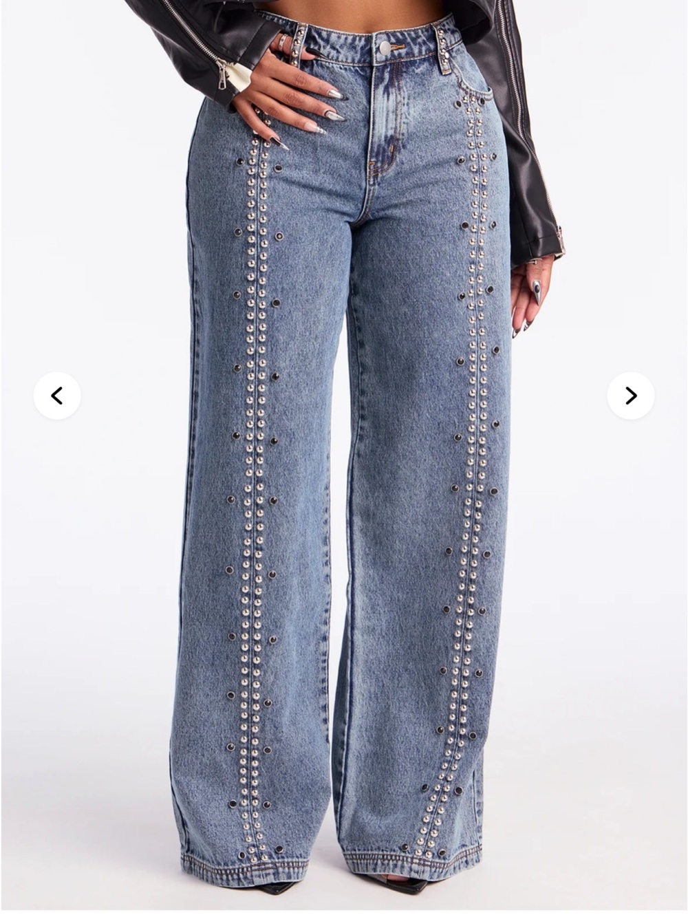 Fashion Nova Light Blue Stud-Trim Wide Leg Jeans